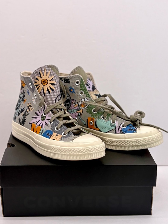 Converse Shoes - Converse Olive Green High-Top Sneakers with Multicolor Graphics Women’s size 7